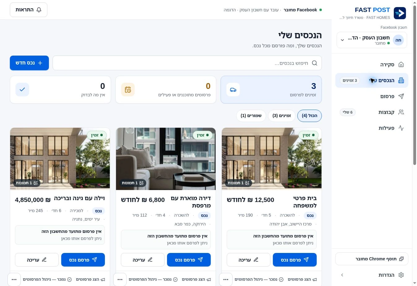 מסך הנכסים של FAST POST עם כרטיסים, מחירים ופעולות פרסום
